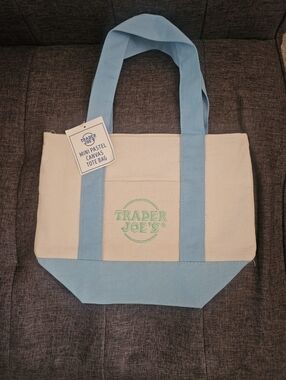Trader Joe's Mini Pastel Canvas Tote Bag (Cream & Light Blue)